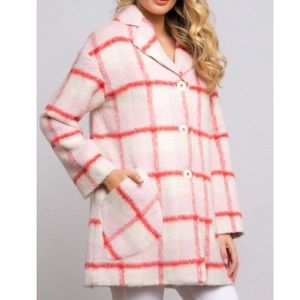 NEW Eva Franco Anthropology Strawberry Pink Multi Plaid Buttoned Coat sz 2X NWOT